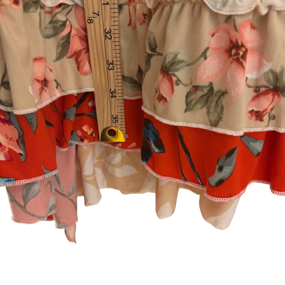 Celeste Mixed Floral Patchwork Ruffle Hem Dress Medium orange tan pink boho - Picture 11 of 12